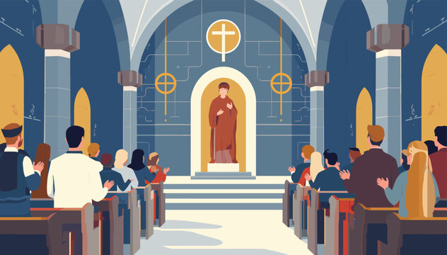 An illustrative depiction of a priest leading a religious service in a grand church interior with a congregation seated in pews.