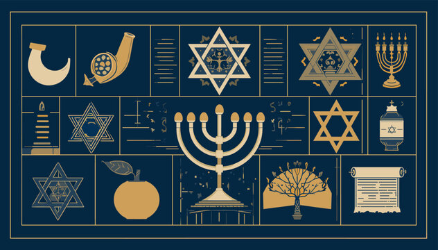 A grid of various Jewish religious and cultural symbols including menorahs, Stars of David, shofars, and Torah scrolls on a dark blue background.