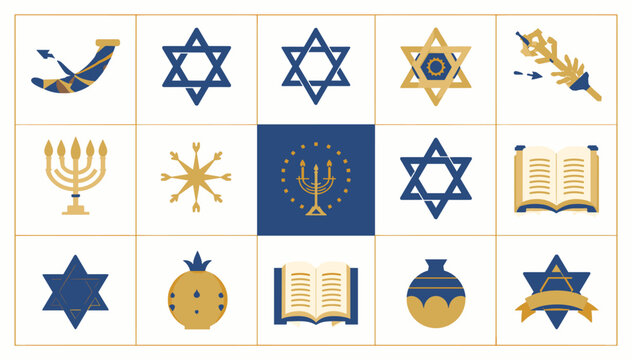 A grid of fifteen flat design icons representing various Jewish religious symbols and traditions, featuring Stars of David, menorahs, and Torah scrolls in blue and gold.