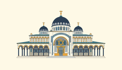 Obraz premium Ornate synagogue illustration with multiple domes and a prominent Star of David symbol on its facade.