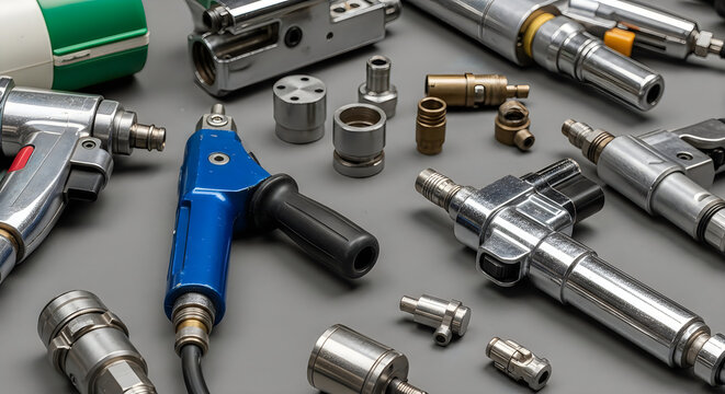 Industrial air tools and specialized pneumatic equipment parts on gray surface.