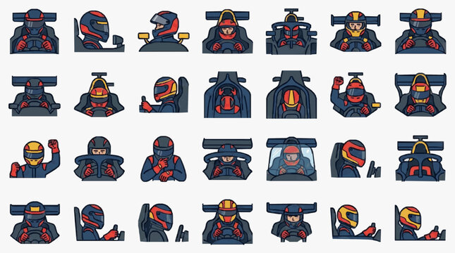Modern Flat Set of Racing Drivers in Various Poses with Colorful Helmets and Suits with high quality professional line art symbols for modern creative design and digital branding projects