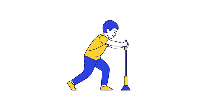 Youngster Pushing Tool Vector: Isolated Illustration Depicting Cleaning Activity On White Background