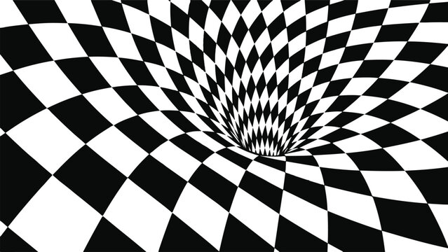 3D Optical Illusion Black and White Checkered Tunnel Vortex Vector Background