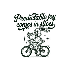 Fototapeta premium Retro halftone style cartoon rabbit character riding a bicycle and eating pizza vector illustration