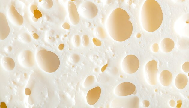 Extreme close-up of creamy white cheese with various sized holes, creating an abstract texture