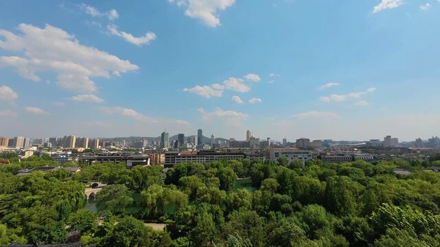 A wide shot of a dense urban park with lush trees, set against a city skyline under a clear blue sky with scattered white clouds.