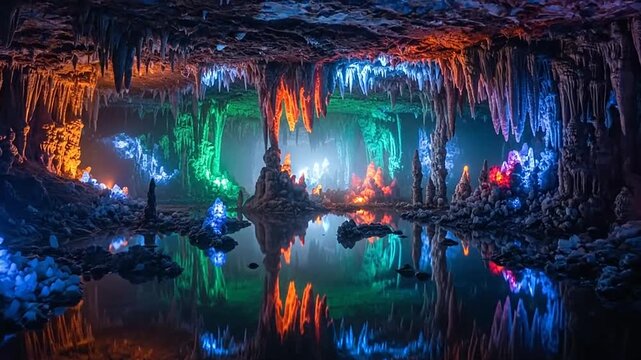 Spectacular illuminated cave interior with vibrant multicolored lights reflecting in an underground lake, showcasing natural stalactites and stalagmites.