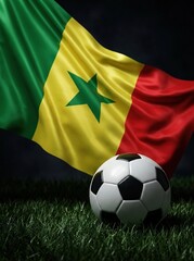 Fototapeta premium Waving Senegal flag with soccer ball on grass
