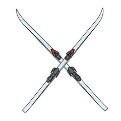 Obraz premium Illustration of a pair of crossed alpine skis with bindings, winter sports equipment for skiing, vector graphic design element for travel or mountain resort themes