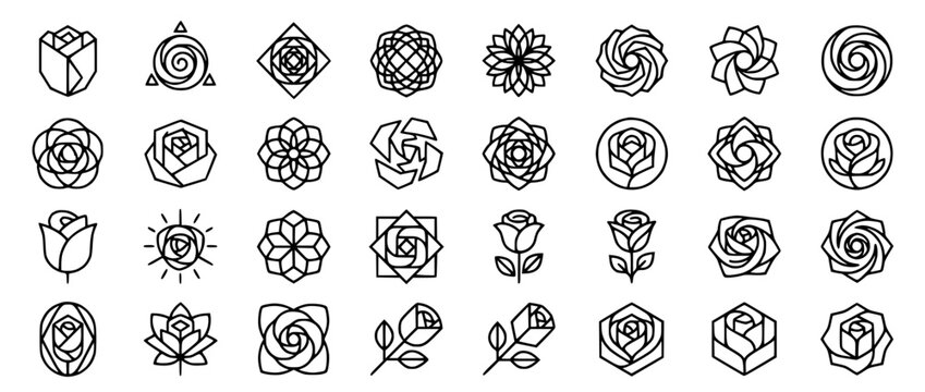 Minimalist Rose Flower Icon Set Geometric Floral Line Art Symbols
