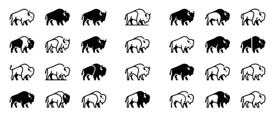 Set of Bison and Buffalo Icons in Minimalist Black and White Style © Makmur