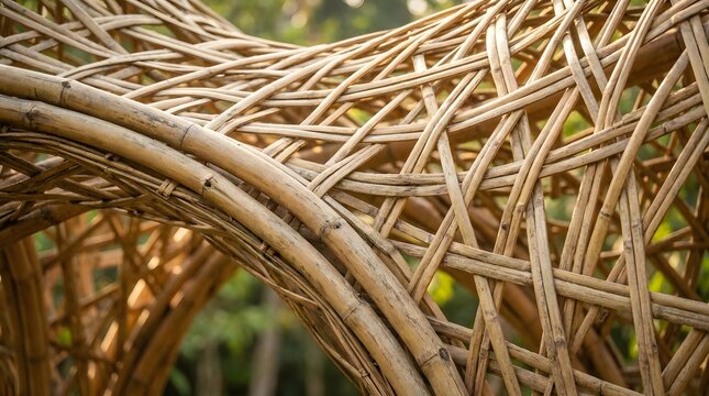 Intricate woven bamboo structure showing detailed wooden texture and organic geometric pattern
