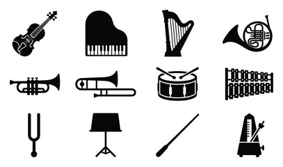 Music instrument icon set in flat solid style featuring guitar, grand piano, harp, trumpet, drum, xylophone, tuning fork, music stand and orchestra symbols isolated on white background © Sami