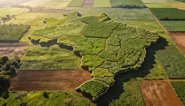 Brazil shaped farmland: An aerial view of agricultural fields intricately designed to resemble the shape of Brazil, showcasing the nation's vast agricultural landscape under a golden sunset.
