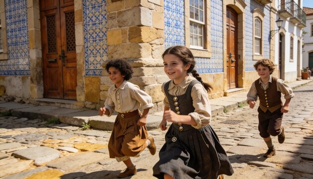 Childhood Joy on Cobblestone Streets: Three happy children with joyful expressions run down a historic cobblestone street, their clothing suggesting a bygone era, as they embrace the freedom of play.