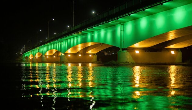 Illuminated Bridge at Night: A modern bridge illuminated with vibrant green and gold lights reflects beautifully on the dark, calm water below, creating a stunning urban landscape.