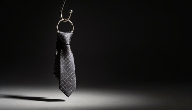 Symbol of Professionalism: A textured dark tie hangs elegantly from a hook, casting a dramatic shadow against a dimly lit background, embodying sophistication and formal wear.