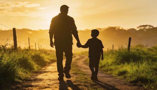 Father and Son's Golden Walk: Silhouette of a father and son holding hands, walking along a dirt path at sunrise, surrounded by golden light and lush green landscape, symbolizing love and connection.
