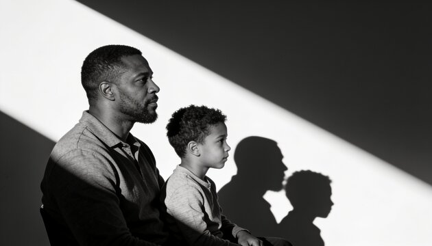 Generational Connection: A father and his two sons sit in profile, their figures and shadows casting a striking visual representation of family bonds and the passage of time.