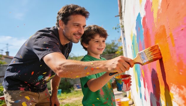 Father and Son Painting Together: A father and son share a joyful moment as they paint a vibrant mural outdoors on a sunny day, their clothes splattered with colorful paint.