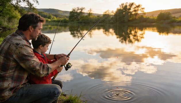 Father and Son Fishing at Sunset: A heartwarming scene of a father and son fishing by a tranquil lake at sunset, sharing a bonding moment amidst a serene natural landscape.