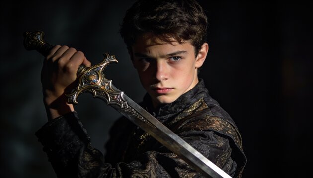 Young Warrior with Sword: A determined young boy, clad in ornate historical attire, grips a majestic sword, his gaze intense and resolute, hinting at a heroic quest or a courageous stand.