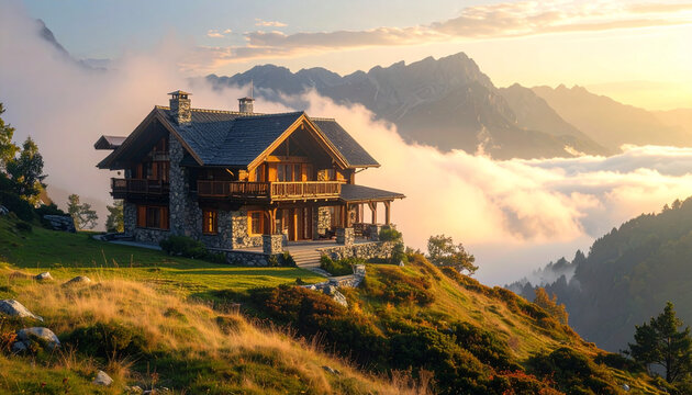 Luxury Mountain Chalet with Scenic Alpine View and Foggy Sunrise