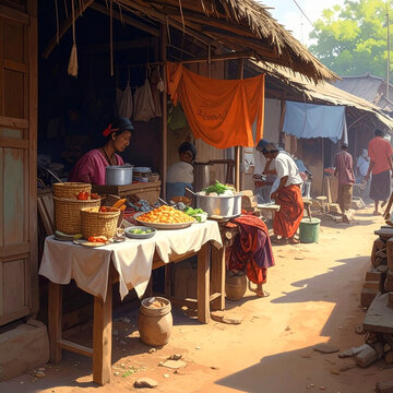 Traditional Southeast Asian Village Street Market and Food Stalls