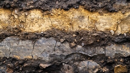 Fototapeta premium Close-up view of layered soil and rock strata, showing distinct colors and textures of earth.