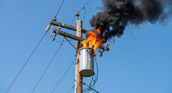 Danger high voltage power line post with burning transformer on utility pole against clear sky.