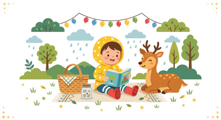 Naklejka premium A young child in a yellow raincoat sits on a picnic blanket in a rainy forest, reading a book aloud to a friendly deer resting nearby.