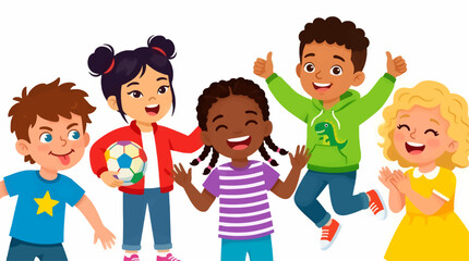 Obraz premium Diverse Group of Happy Cartoon Children Celebrating Together, Asian Girl Holds Soccer Ball, African American Boy Thumbs Up, White Background