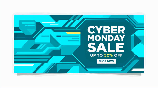 Flat Design Cyber Monday Sale Banner with Geometric Tech Background, Featuring 'Up to 50% Off' Promotion and 'Shop Now' Button in Teal Accents