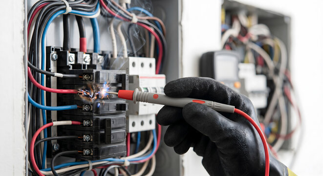 Electrician testing a faulty electrical circuit breaker panel causing dangerous smoke and bright sparks.