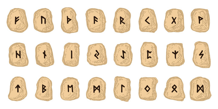 Set of hand drawn viking runes Rune stones with ancient norse alphabet characters engraved on them Scandinavian futhark germanic celtic Single element for design, print, web, decor