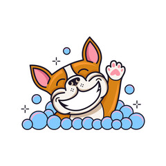 Fototapeta premium Cute french bulldog dog taking a bath waving paw in bubble soap foam