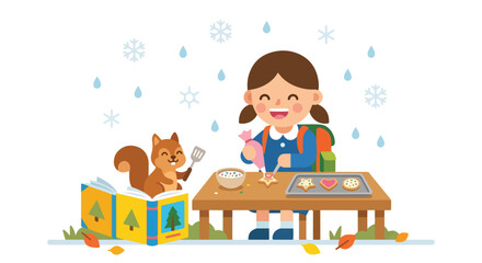 Naklejka premium A cheerful young girl and a squirrel friend decorate festive cookies outdoors amidst falling snowflakes and autumn leaves.