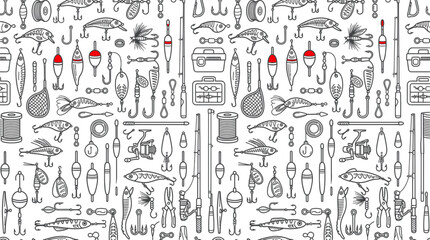Fishing Gear Seamless Pattern - Hand Drawn Sketch of Lures, Rods, Reels, Floats © Teh