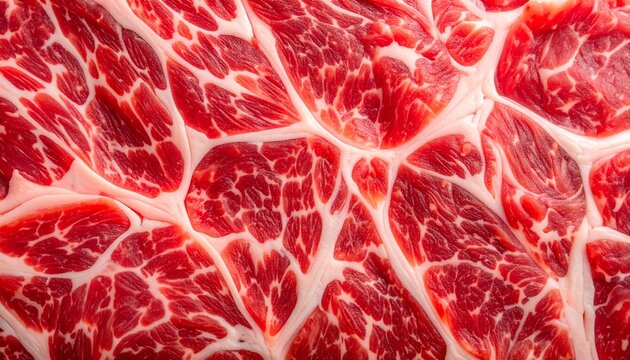 Close-up view of raw marbled beef texture, showing red meat and white fat marbling patterns in a detailed macro shot.