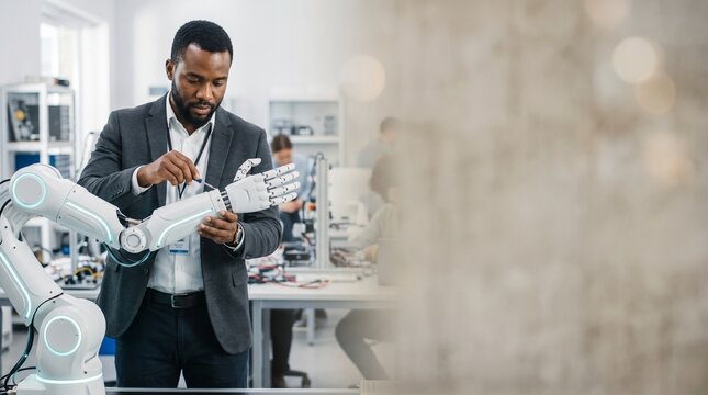 Black Male Robotics Engineer Calibrating Bionic Arm with Copy Space