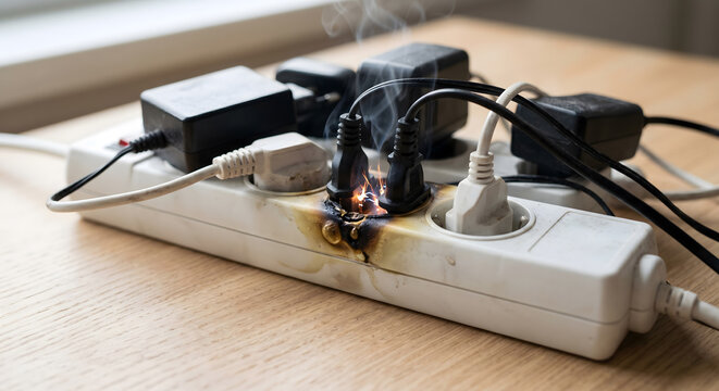 Power strip catching fire due to overload on wooden table with melting plastic and visible smoking.
