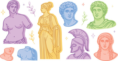 Colorful Ancient Greek Statue Line Art Vector Collection Featuring Venus De Milo Spartan Helmet and Marble Bust Elements for Vaporwave Aesthetic Graphic Designs © MstLutfa