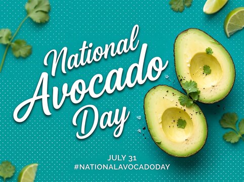 Celebrate national avocado day with fresh sliced avocados and lime on teal background