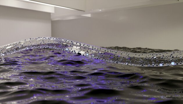A glowing purple wave crashes against a ribbed glass barrier indoors.