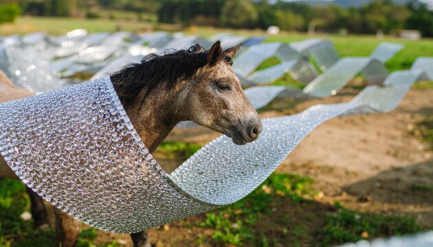 A horse wraps its head in a large, floating, transparent glass ribbon outdoors.