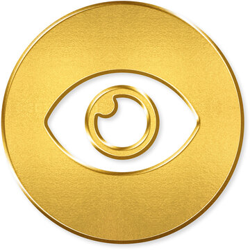 Eye icon with gold metallic 3D coin badge for eye view look visibility watch see observe sight preview show on transparent background