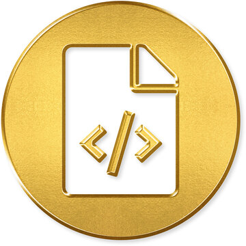 File code icon with gold metallic 3D coin badge for file code programming script source developer html js coding syntax on transparent background