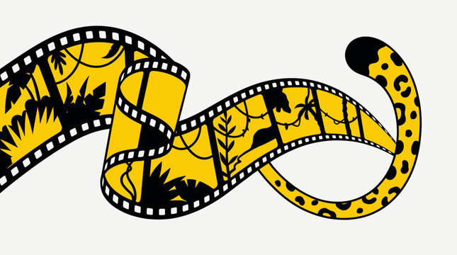Creative yellow film strip with jungle silhouettes and leopard tail design