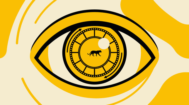 Stylized eye illustration with film reel and tiger silhouette representing cinema history.